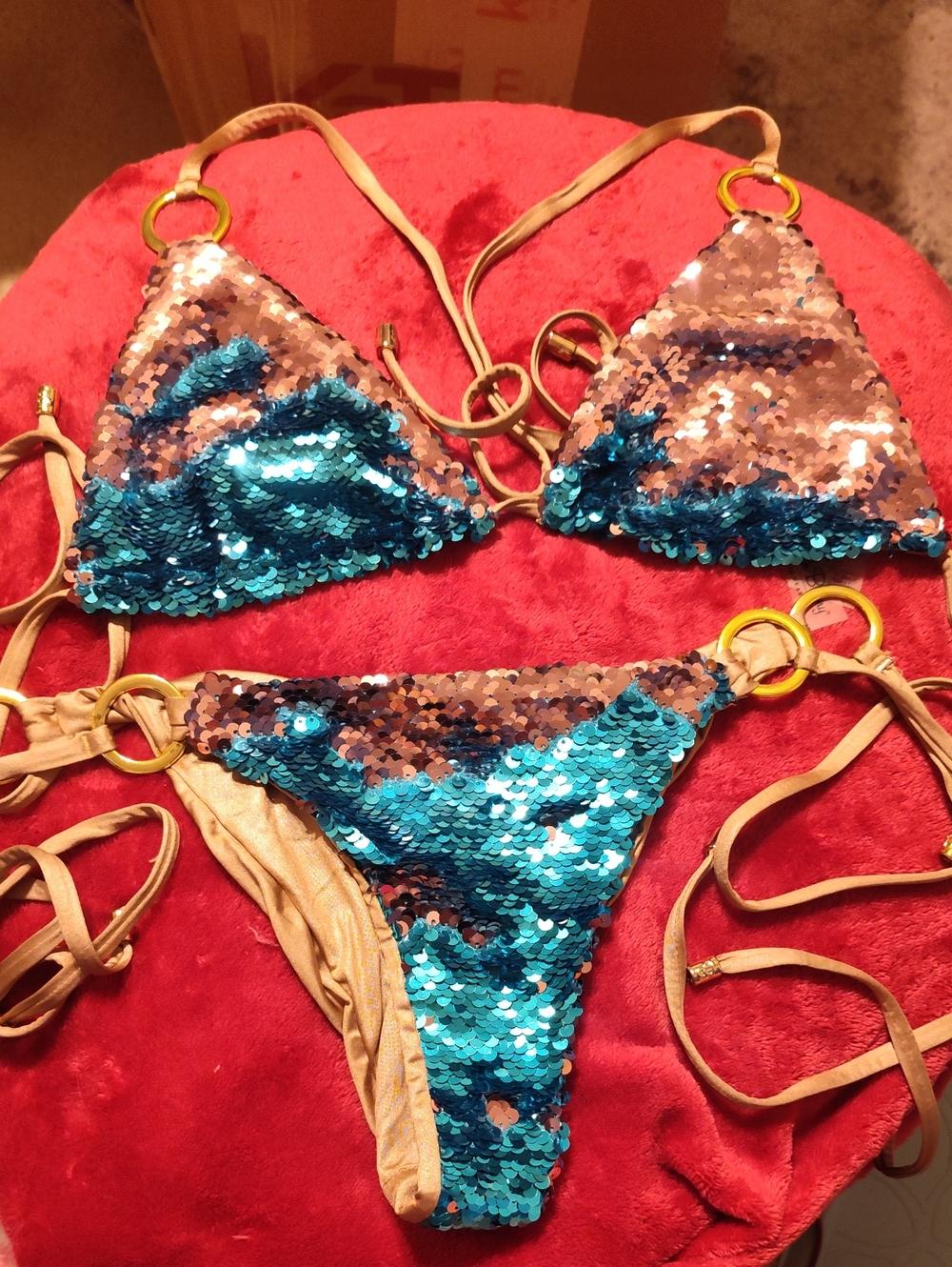 Beach Bunny Sequin Reversible Blue and Rose Gold Bikini